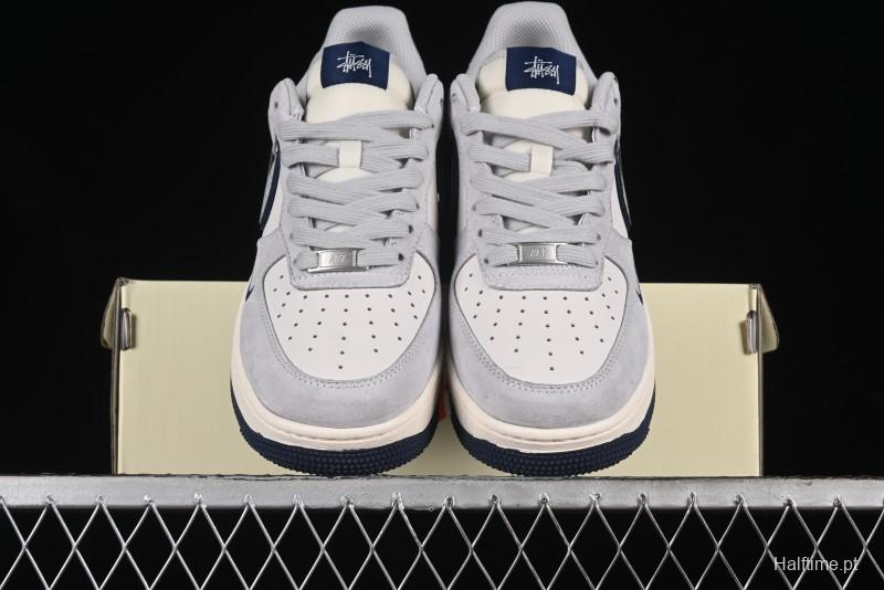Nike Air Force 1 '07 Low Stussy Collaboration - Grey Pigskin Blue Sole Low-Top Casual Sneakers - XZ3318-028
