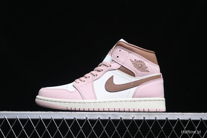 Nike Air Jordan 1 Mid AJ1 Basketball Shoes in Khaki Pink - BQ6472-620