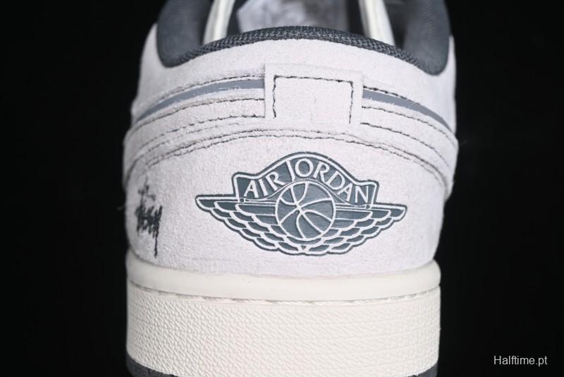 Nike Air Jordan 1 Low AJ1 Stussy Collaboration - Premium Customized Pigskin Grey Line Retro Basketball Shoes - DM9188-005