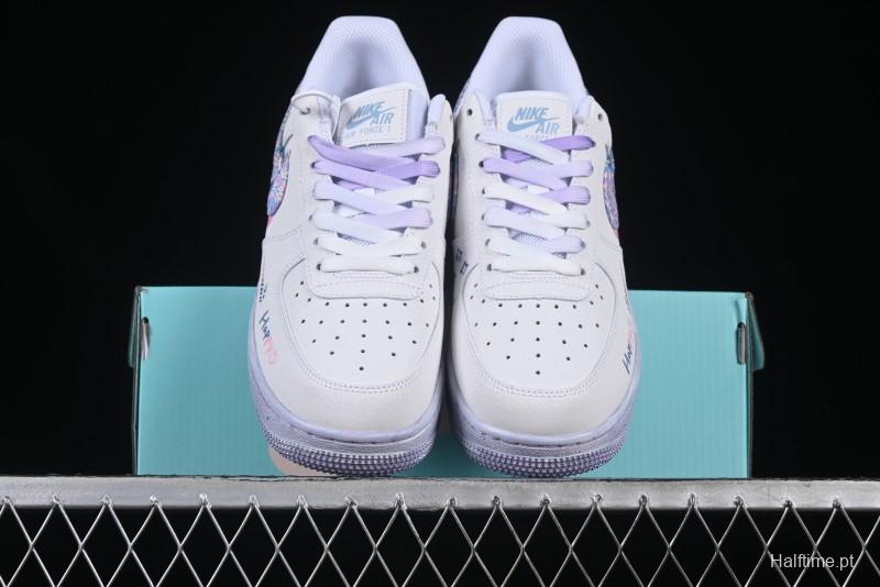 Nike Air Force 1 '07 Low Double Hearts Casual Sneakers with Hand-Drawn Anime Doodle and Pink Blue Hearts - CZ0377-002